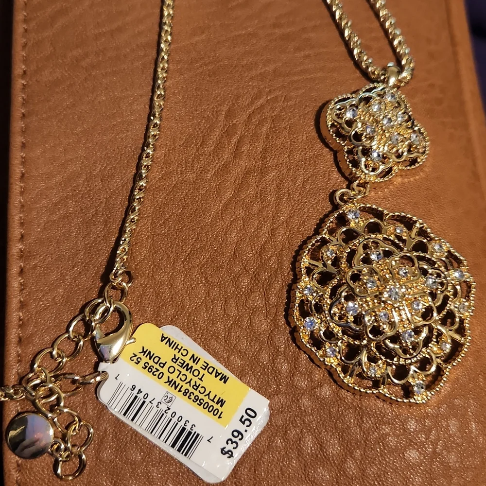 Charter Club Double Crystal Flower Long Pendant Necklace